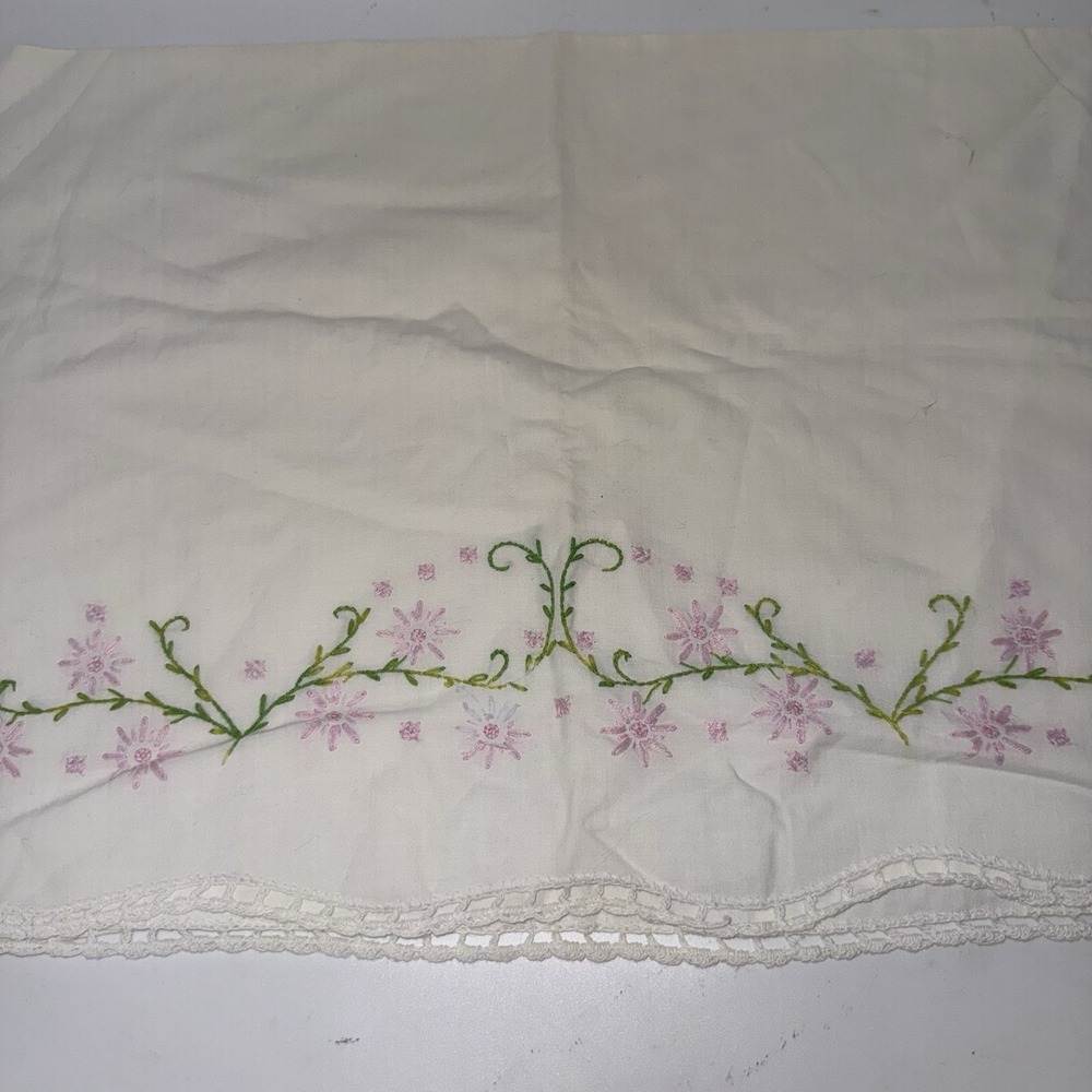 Vintage white pillowcase w/ pink floral embroidery & hand-crocheted lace edge